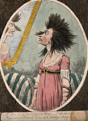 A woman wearing the fashionable "porcupine" hairstyle looks at herself in a mirror. Coloured etching.