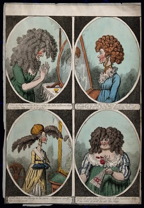 Women wearing four different styles of fashionable wigs. Coloured etching.