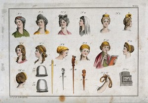 view Twenty figures showing different types of Roman (?) hairstyles and hair accessories for women. Coloured engraving.