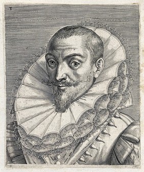 The head and a shoulders of a man with short hair, a stiff straight moustache and a high ruff. Engraving by P. Galle.