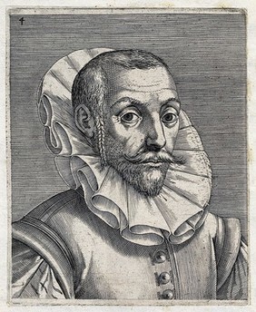 The head and a shoulders of a man with short hair, plaited side-burns, a stiff straight moustache and a high ruff. Engraving by P. Galle.