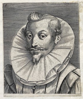The head and a shoulders of a man with the hair on his forehead in a quiff, hair above his ears curled upwards, a stiff straight moustache and a high ruff. Engraving by P. Galle.