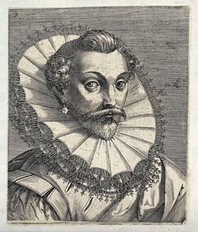 The head and a shoulders of a man with his top hair swept back, side hair curled above the ears, an ear-ring in his right ear and a high ruff. Engraving by P. Galle.