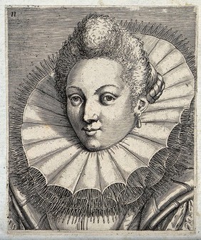 The head and a shoulders of a woman who wears her hair in a ball shape above her forehead with plaits at the side; she also wears a high ruff. Engraving by P. Galle.