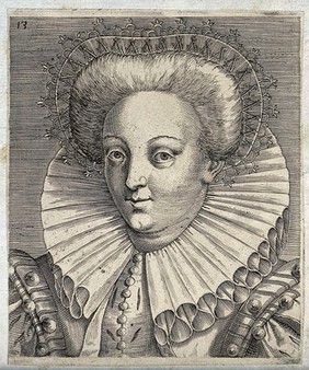 The head and shoulders of a woman who wears a head ornament and a high ruff. Engraving by P. Galle.