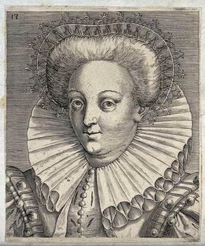 view The head and shoulders of a woman who wears a head ornament and a high ruff. Engraving by P. Galle.