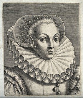 The head and shoulders of a woman looking to the right who wears her hair combed back and a head ornament; she also wears a high ruff. Engraving by P. Galle.