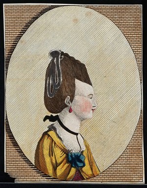 view The head and shoulders of a woman in profile to the right wearing a high wig with ribbons. Coloured etching.