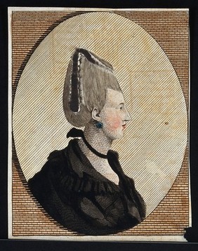 The head and shoulders of a woman in profile to the right wearing a high wig with a ribbon. Coloured etching.