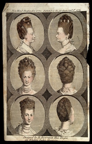 view Eight different styles of head-dresses for women. Coloured engraving, 1772.