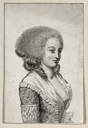 view The head and shoulders of a woman looking to her left and wearing curled hair-pieces attached to her natural hair. Engraving.