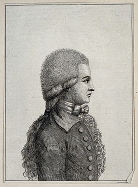 The head and shoulders of a man in profile to the left wearing long hair-pieces attached to his natural hair. Engraving.