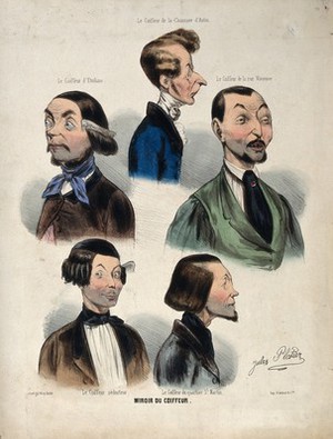 view The heads and shoulders of five male hair-dressers. Coloured lithograph by Jules Platier, 1840.