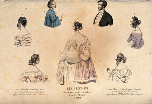 A boy and a fashionable young man above; five women wearing fashionable costumes, head-dresses and hair-pieces below. Coloured etching.
