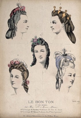 The heads of five women wearing an assortment of head-dresses made up of caps, feathers, flowers and jewellery. Coloured lithograph, 1864.