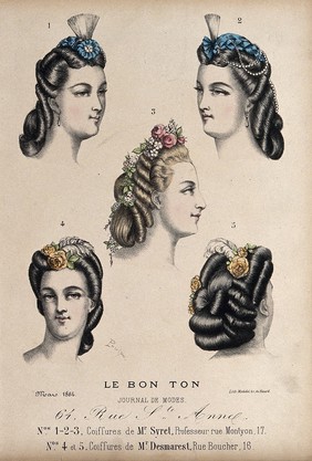 The heads of five women with their hair combed back and dressed with ribbons, flowers, feathers and beads. Coloured lithograph, 1864, after Pepipo (?).