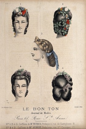 The heads of five women with braided hair dressed with flowers, ribbons and beads. Coloured lithograph by Michelet, 1864, after P.R.