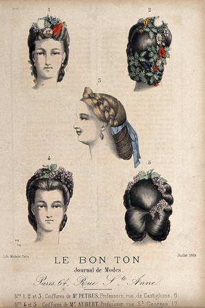 view The heads of five women with braided hair dressed with flowers, ribbons and beads. Coloured lithograph by Michelet, 1864, after P.R.