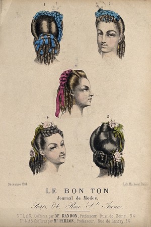 view The heads of five women wearing high chignons dressed with flowers, feathers and jewellery. Coloured lithograph by E.T.