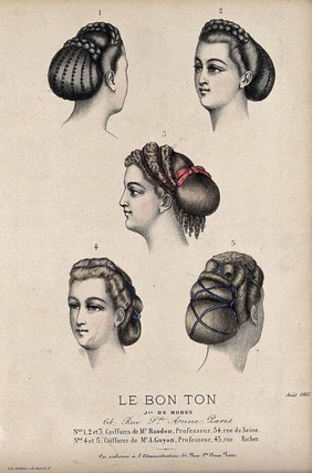 The heads of four women with plaited and ringletted hair dressed with beads and ribbons alluding to ancient Graeco-Roman hair-styles. Coloured lithograph, 1865.