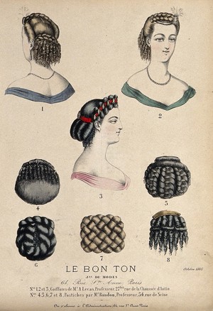 view The heads and shoulders of three women with plaited and ringletted hair dressed with beads, ribbons and jewellery; five plaited and ringletted hair-pieces. Coloured lithograph, 1865.