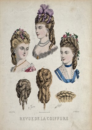 view The heads of three women wearing chignons decorated with flowers, ribbons and feathers, attached to their natural hair, above; two chignon pieces and a hair-piece below. Coloured engraving, 1875, after E. Thirion.
