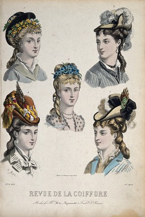 The heads of five women with their hair combed back and dressed with chignons, hats, and flowers. Coloured engraving, 1875, after A. Max (?).
