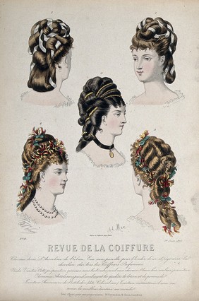 The heads of five women with their hair combed back and dressed with chignons, ribbons, twine and artificial honeysuckle. Coloured line block, 1875, after A. Max (?).