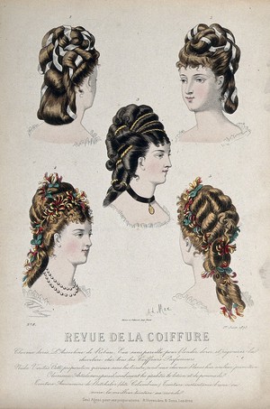 view The heads of five women with their hair combed back and dressed with chignons, ribbons, twine and artificial honeysuckle. Coloured line block, 1875, after A. Max (?).