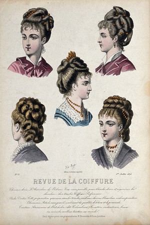 view The heads and shoulders of five women with their hair combed back and dressed with chignons decorated with jewellery. Coloured line block, 1875, after A. Max (?).