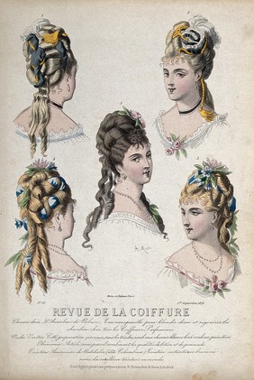 The heads and shoulders of five women with their hair combed back and dressed with chignons decorated with scarfs, feathers and flowers. Coloured line block, 1875, after A. Max (?).