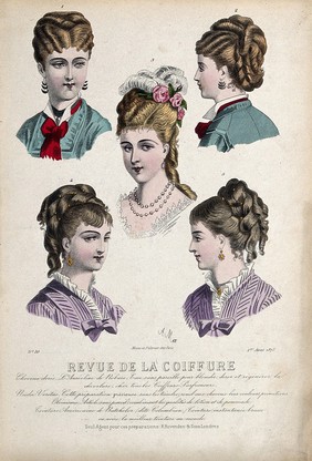 The heads and shoulders of five women with their hair combed back and dressed with chignons decorated with feathers, flowers and jewellery. Coloured line block, 1875, after A. Max (?).