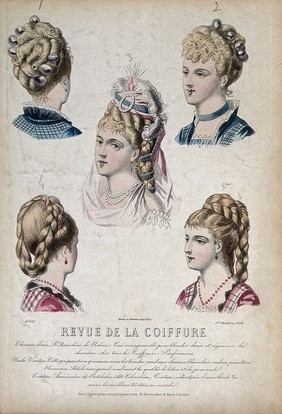 The heads and shoulders of five women with their hair combed back and dressed with chignons decorated with baubles, feathers and scarfs. Coloured line block, 1875.