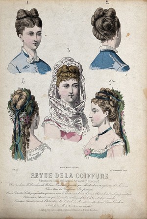 view The heads and shoulders of five women with their hair combed back and dressed with chignons decorated with scarfs, ribbons and flowers. Coloured line block, 1875.