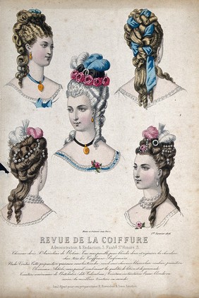 The heads and shoulders of five women with their hair combed back and dressed with chignons decorated with ribbons, feathers, flowers and jewellery. Coloured line block, 1876.