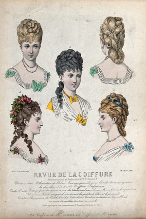 view The heads and shoulders of five women with their hair combed back and dressed with chignons; the lower two also wear flowers and ribbons. Coloured line block, 1876.