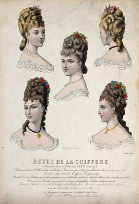 The heads and shoulders of five women with their hair combed back and dressed with high chignons and flowers. Coloured line block, 1876.