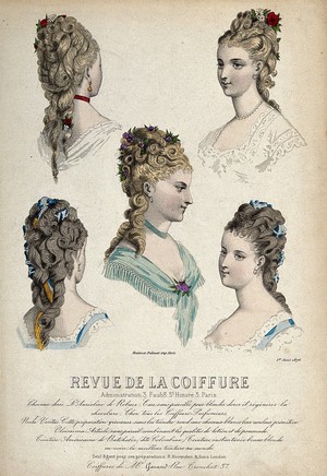 view The heads and shoulders of five women with their hair combed back and dressed with high chignons, flowers and scarfs. Coloured line block, 1876.