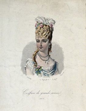 The head and shoulders of a woman with blond hair wearing a high chignon attached to her natural hair which is decorated with flowers and feathers. Coloured line block, 1875, by A. Max after A. Chaillot.