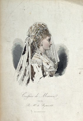 The head and shoulders of a woman in profile to the right wearing a wedding head-dress and veil. Coloured line block, 1876, by Rigolet (?).