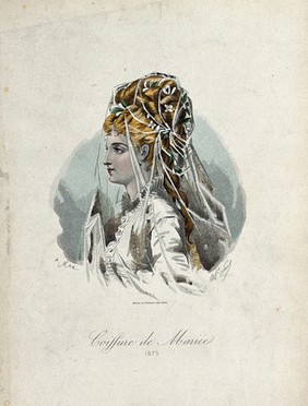 The head and shoulders of a woman in profile to the left wearing a high chignon decorated with flowers and a wedding veil. Coloured line block, 1875, by A. Max after Saug (?).