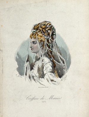 view The head and shoulders of a woman in profile to the left wearing a high chignon decorated with flowers and a wedding veil. Coloured line block, 1875, by A. Max after Saug (?).