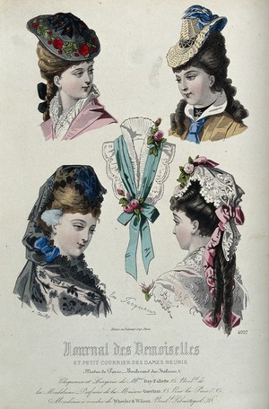 view The heads and shoulders of four women and a lace collar: the upper two women wear hats decorated with flowers and ribbons, the lower two wear lace head-dresses. Coloured line block by A. Chaillot after E. Jecqueurs.