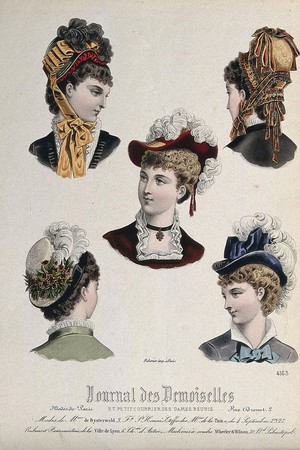 view The heads and shoulders of five women wearing hats elaborately decorated with feathers, ribbons, and flowers. Coloured line block.