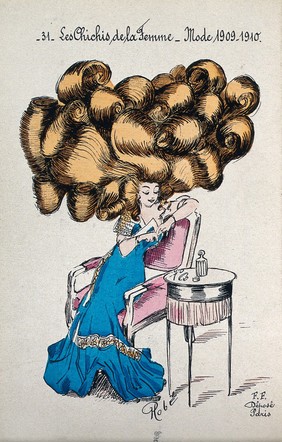 A woman with her hair dressed in an enormously high chignon sitting next to a table upon which are placed a pair of scissors and a bottle of hair tonic. Coloured line block by Robé (?).