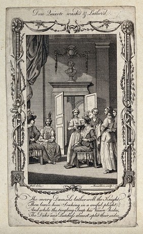An interior of a room in which a man is having his face washed and lathered by a young woman; to the right stand three other women, to the left a seated couple look on. Etching by Rennoldson after Wale.