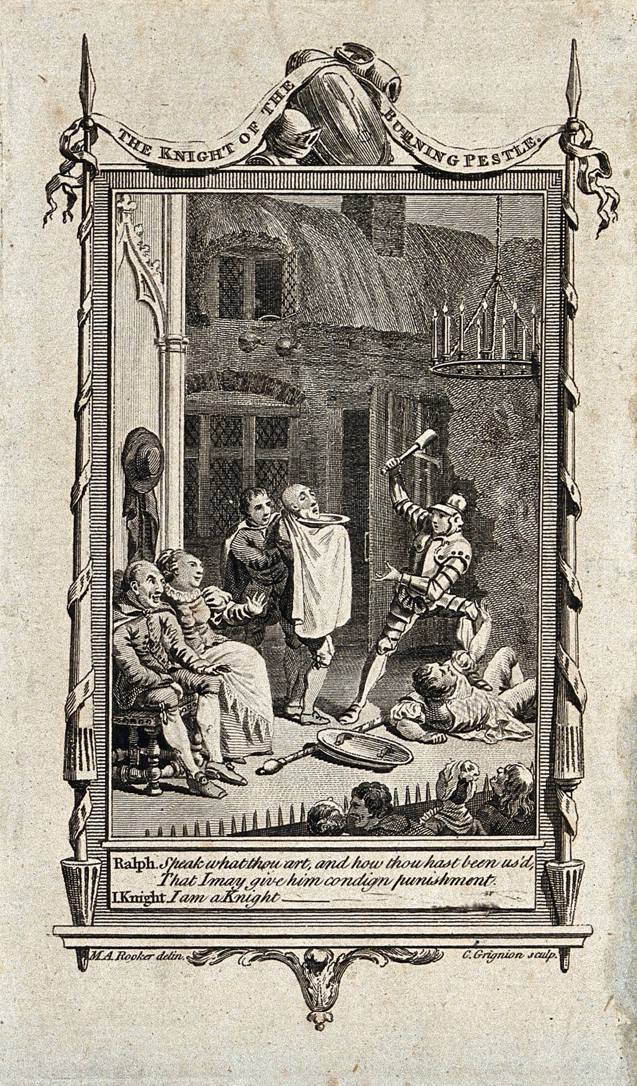 Episode in "The Knight of the Burning Pestle": a man with a barber's bowl beneath his chin is about to be clubbed by a knight in armour; a man stands immediately behind him, to the left is a seated couple, to the right a man who has been knocked down, and in the foreground the audience looks on. Etching by C. Grignion after M. Rooker., by Francis Beaumont