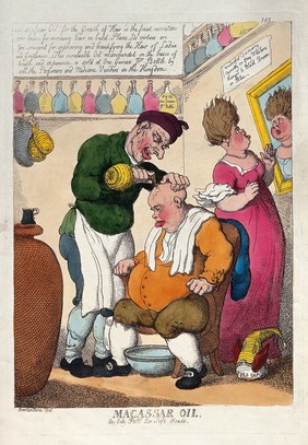 An obese bald-headed old man seated in an armchair while a hairdresser pours macassar oil from a bottle on to his scalp. Etching after T. Rowlandson, ca. 1814.