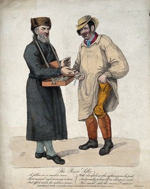 view A bearded man selling razors to a farmer. Crayon manner print by J.J. Jenkins after Peter Pindar (John Wolcot).