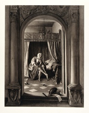 view A woman sitting on her bed while dressing herself; a dog sleeps next to her, a pair of shoes are strewn across the floor in front of her, and a musical instrument, skull, book and a flower lay in the doorway to the room. Photogravure after J. Steen, 1663.